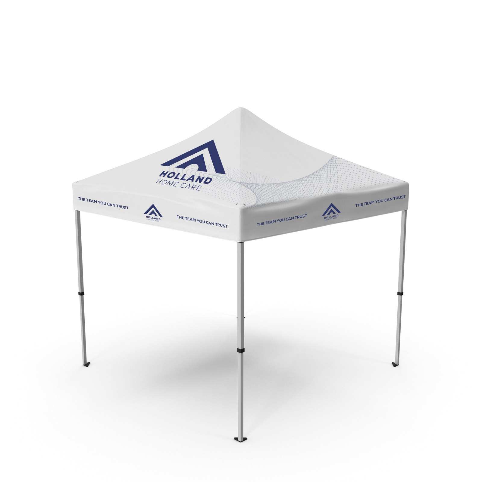 White event tent with the navy Holland mark