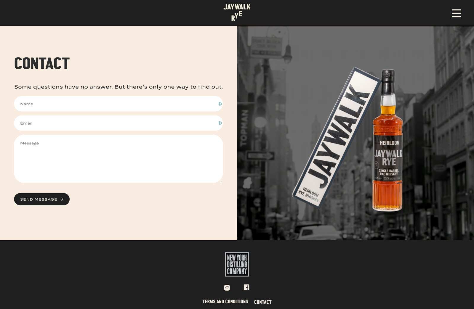 The Jaywalk Rye contact page: a message form beside a Jaywalk Heirloom bottle over a black and white city street