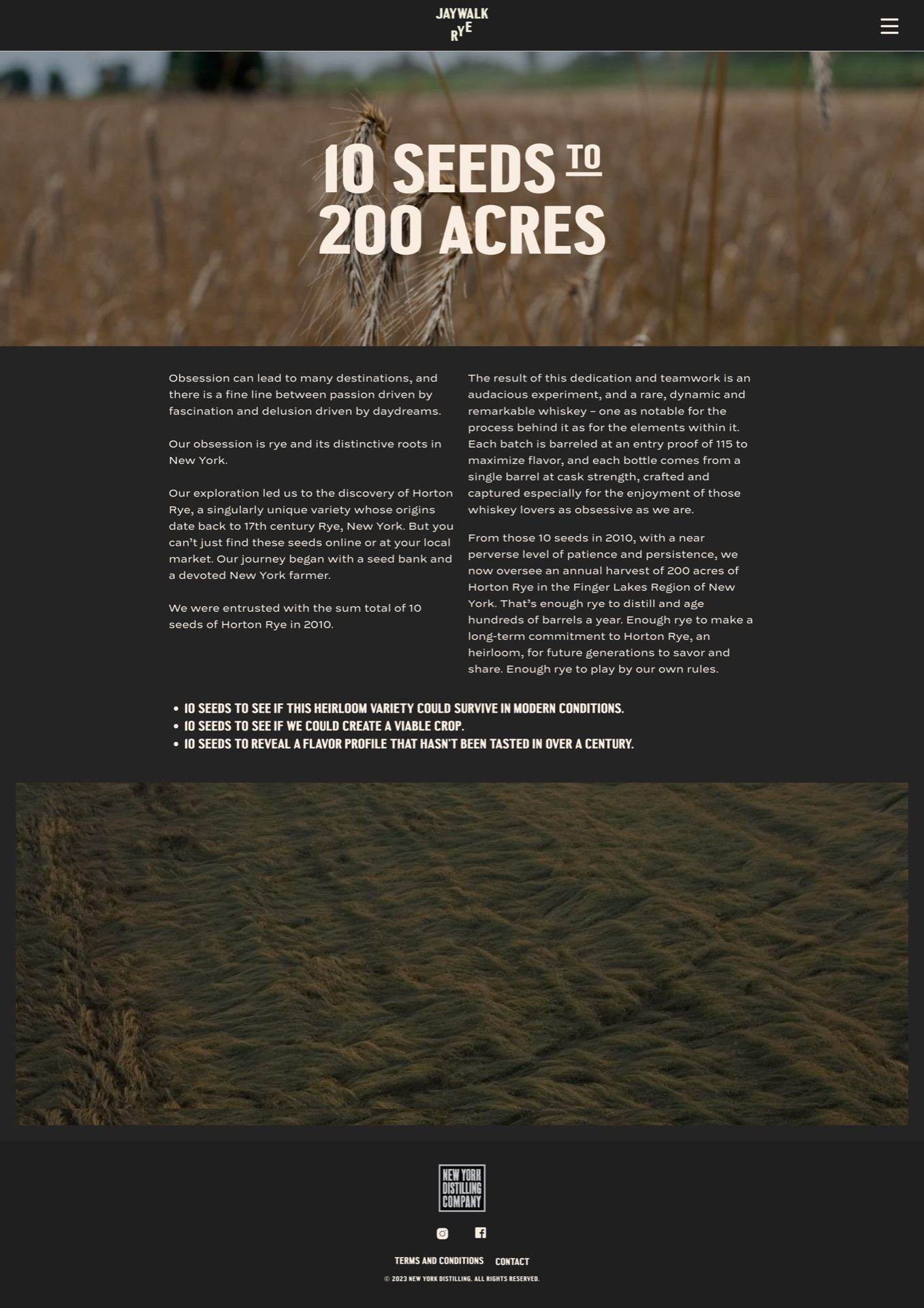 Jaywalk Rye story page, full length: 10 Seeds to 200 Acres over a rye field, the story copy and the New York Distilling Company footer