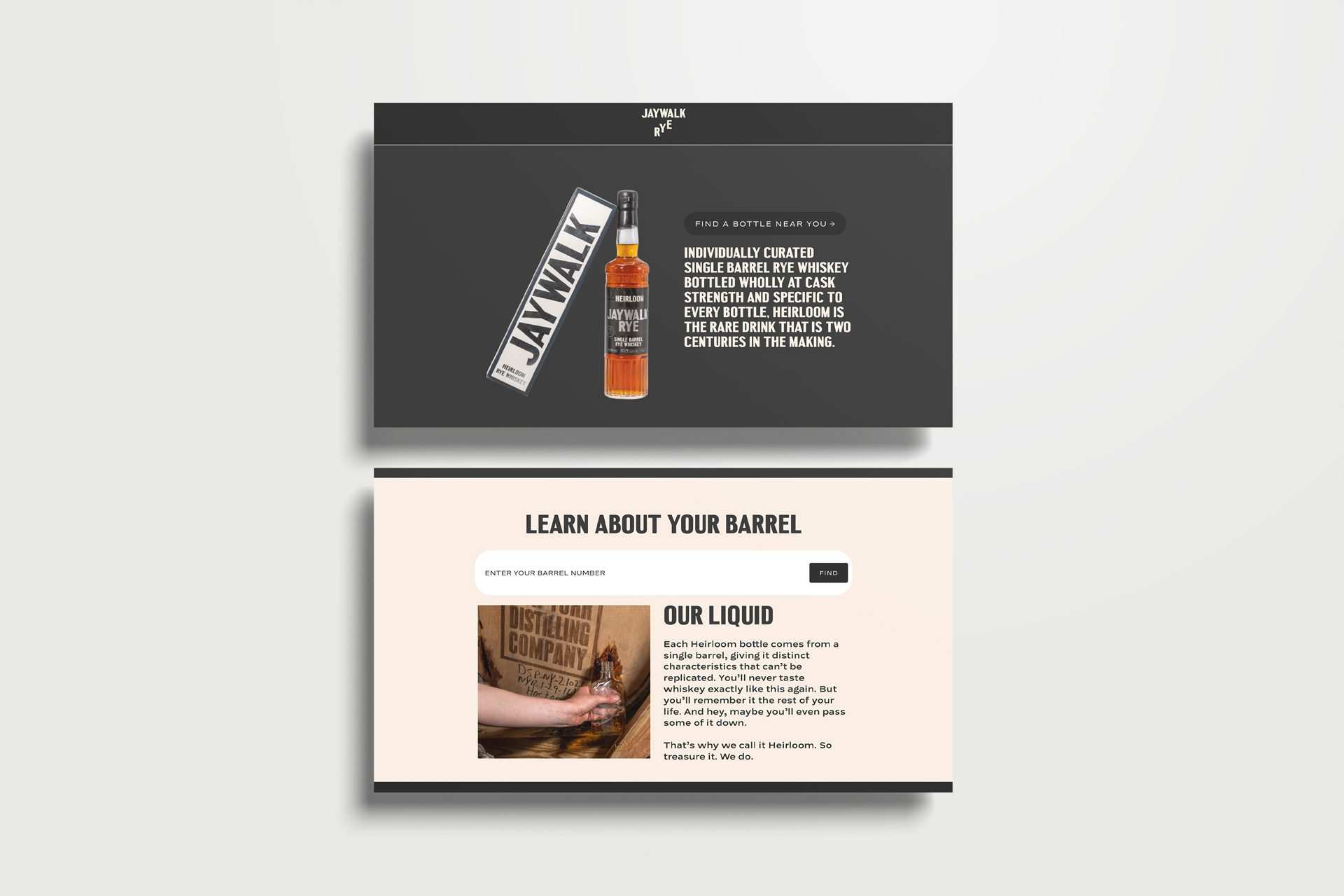 Two Jaywalk page sections on grey: the bottle beside Individually Curated Single Barrel Rye Whiskey, and Learn About Your Barrel with Our Liquid