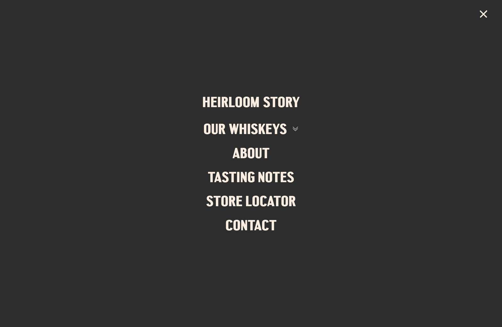 The Jaywalk Rye site menu open: Heirloom Story, Our Whiskeys, About, Tasting Notes, Store Locator, Contact