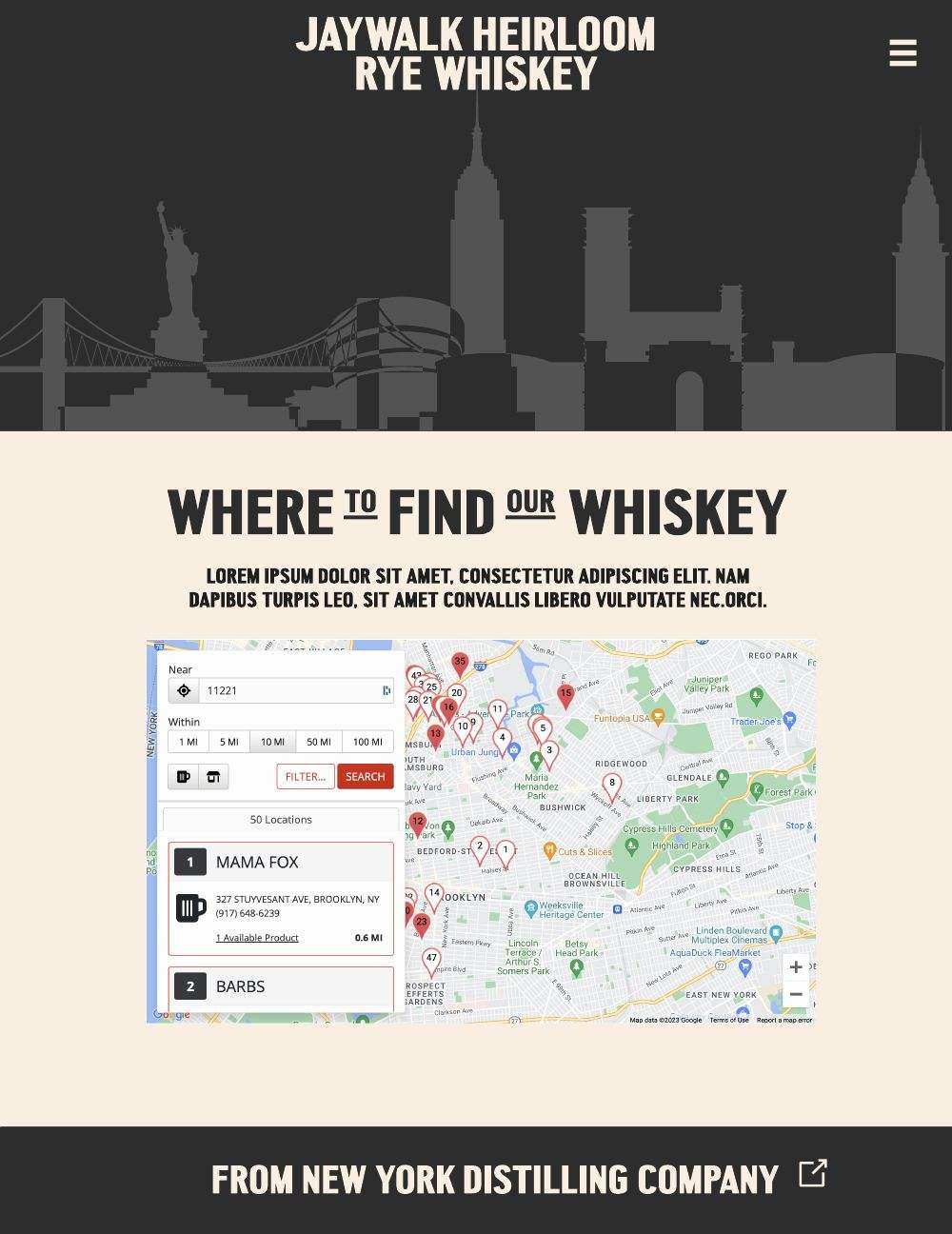 Where to Find Our Whiskey wireframe: skyline header, store-locator map and the New York Distilling Company footer