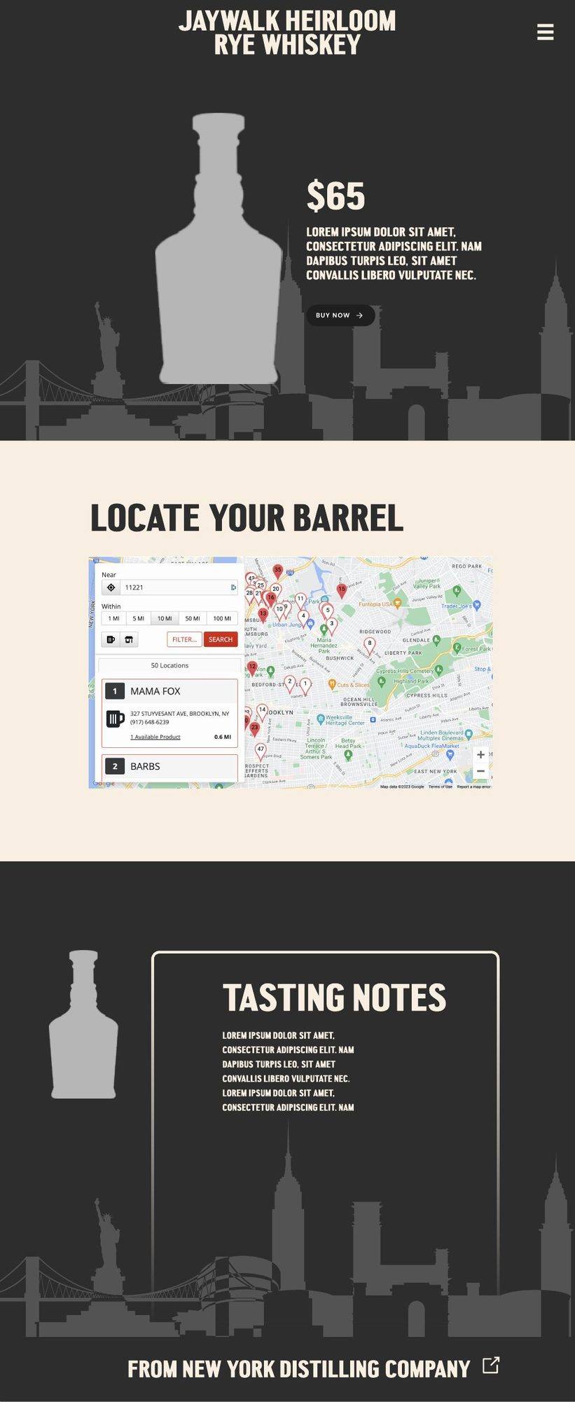 Homepage wireframe: grey skyline and bottle silhouettes, price block, Locate Your Barrel map and Tasting Notes, with placeholder copy