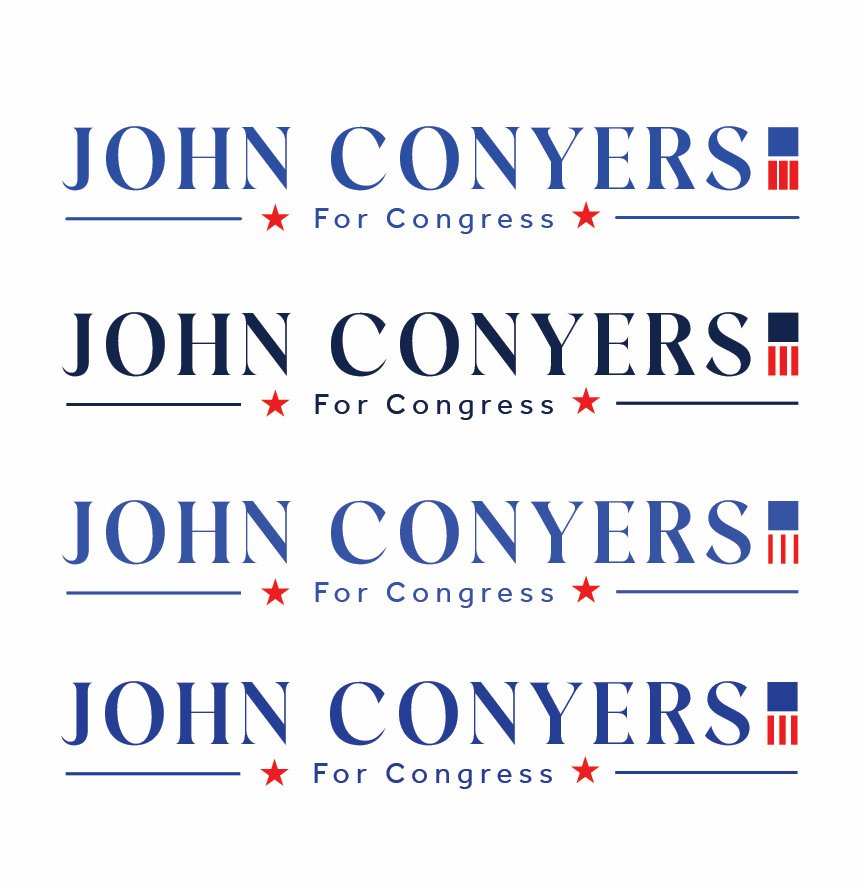 Horizontal lockup explorations, sheet 1 of 3: John Conyers for Congress, four versions
