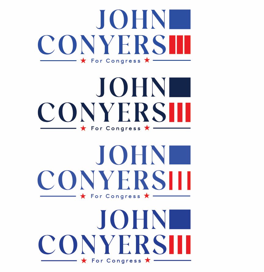 Stacked lockup explorations, sheet 1 of 3: John Conyers III for Congress, four versions