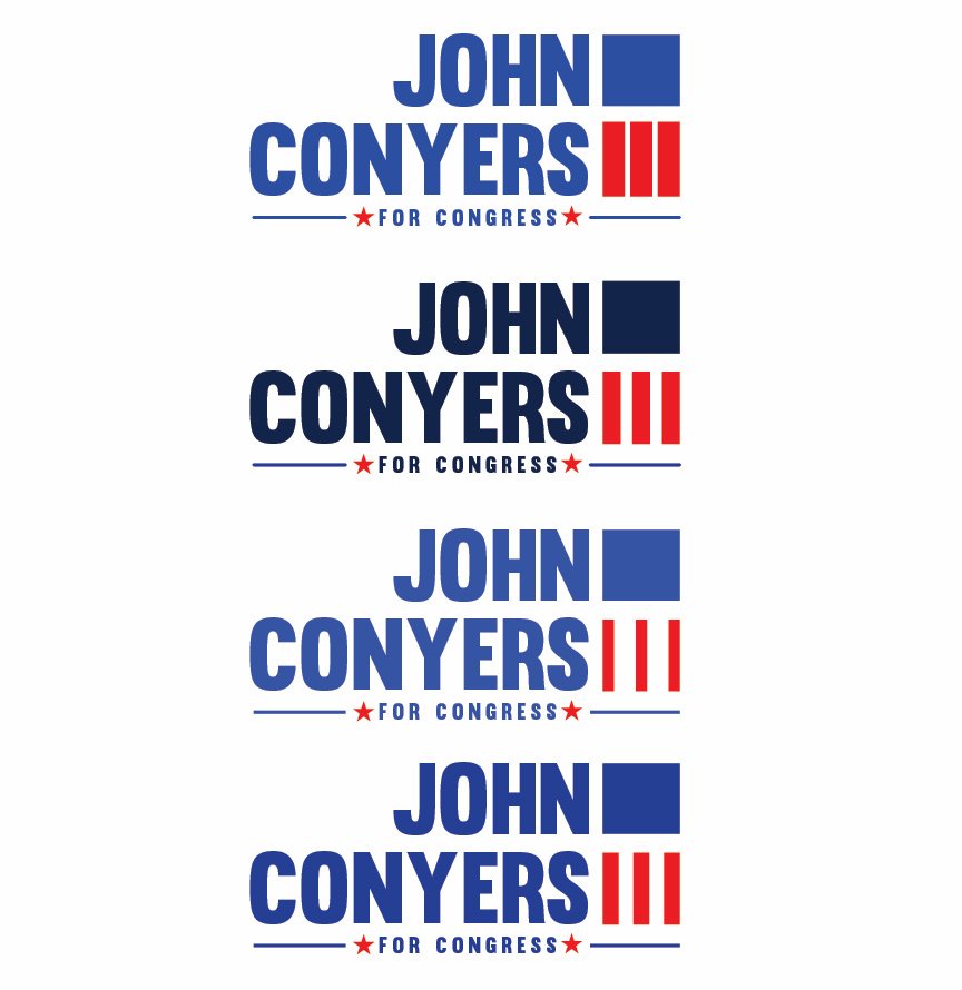 Stacked lockup explorations, sheet 2 of 3: John Conyers III for Congress, four versions