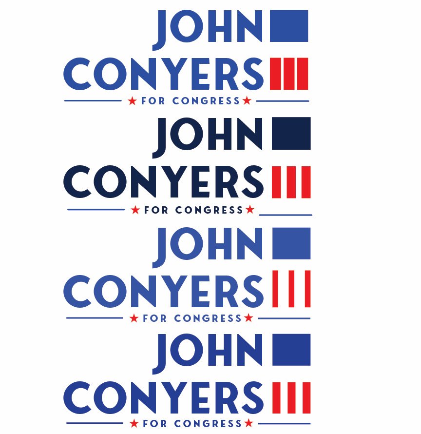 Stacked lockup explorations, sheet 3 of 3: John Conyers III for Congress, four versions