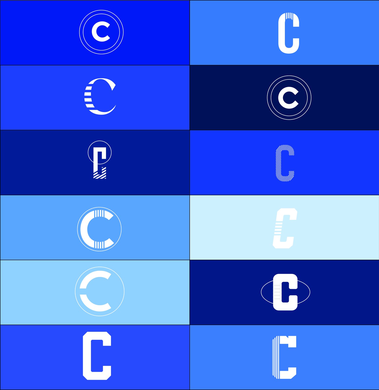 C monogram explorations, twelve versions on blue