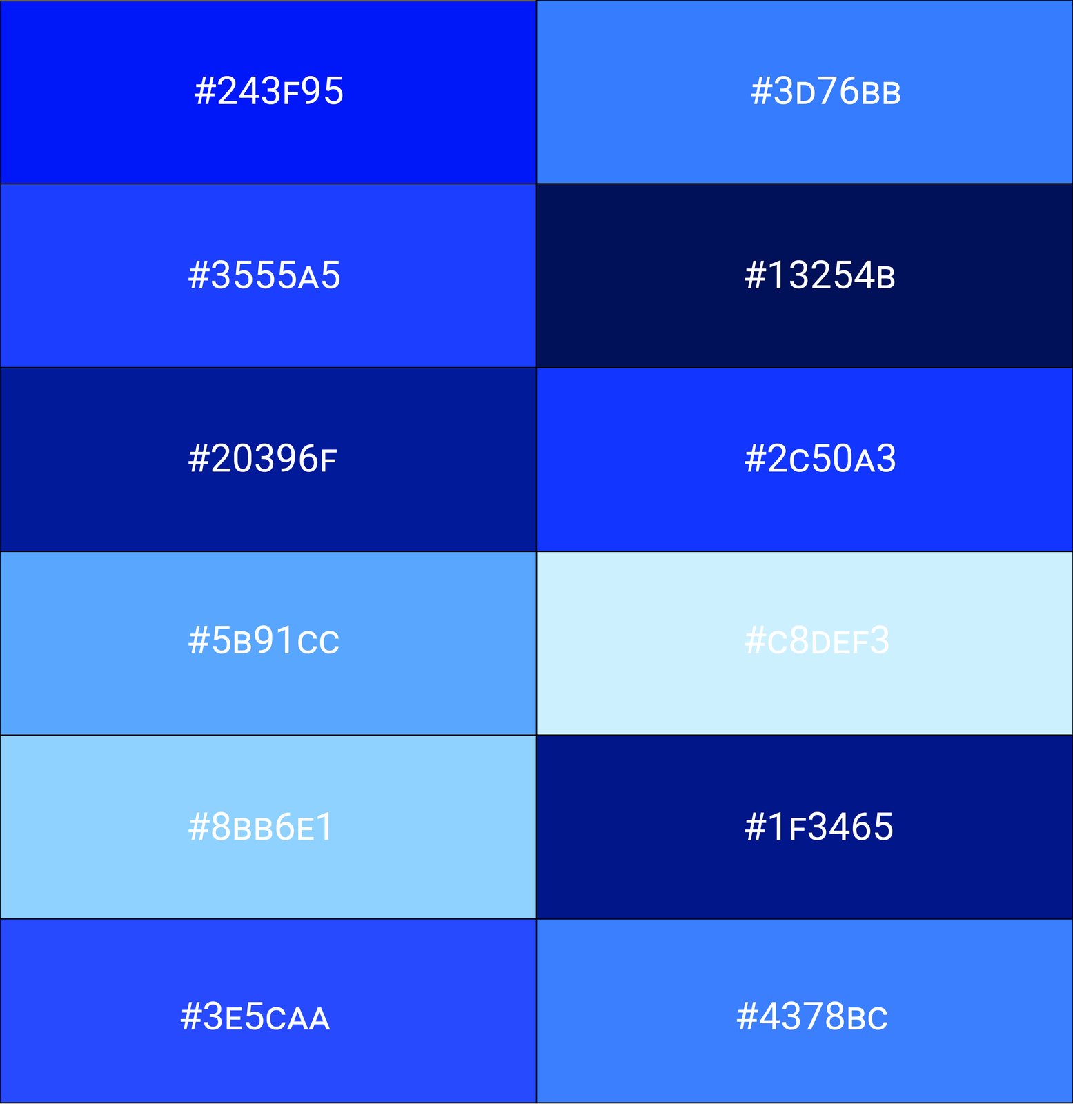 Palette explorations, twelve blues with their hex codes