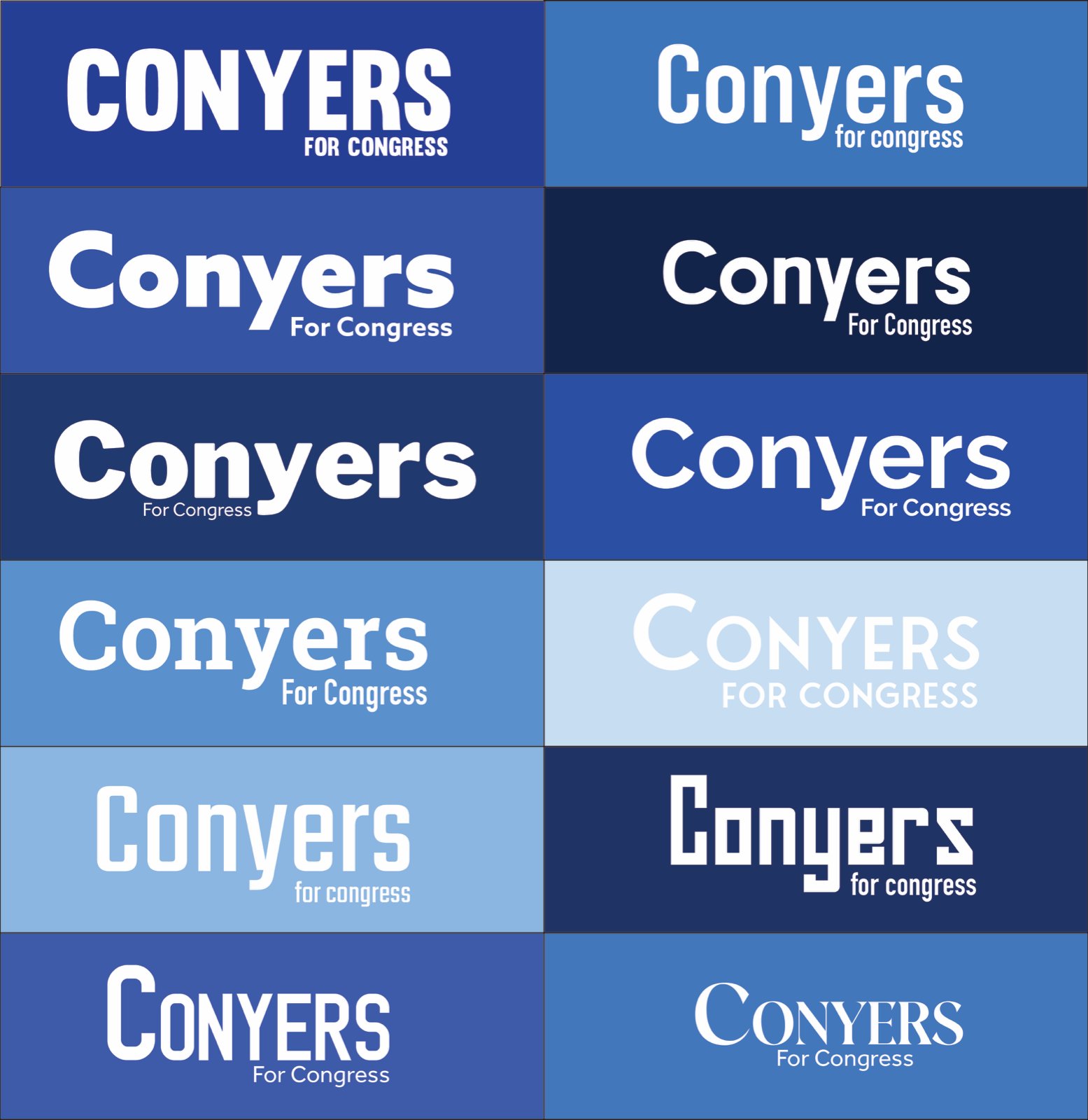 Wordmark explorations: Conyers for Congress set in twelve typefaces on blues from navy to pale sky
