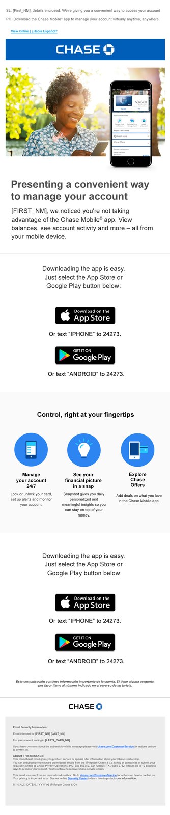 Chase mobile app email shown on two phones, with app store buttons