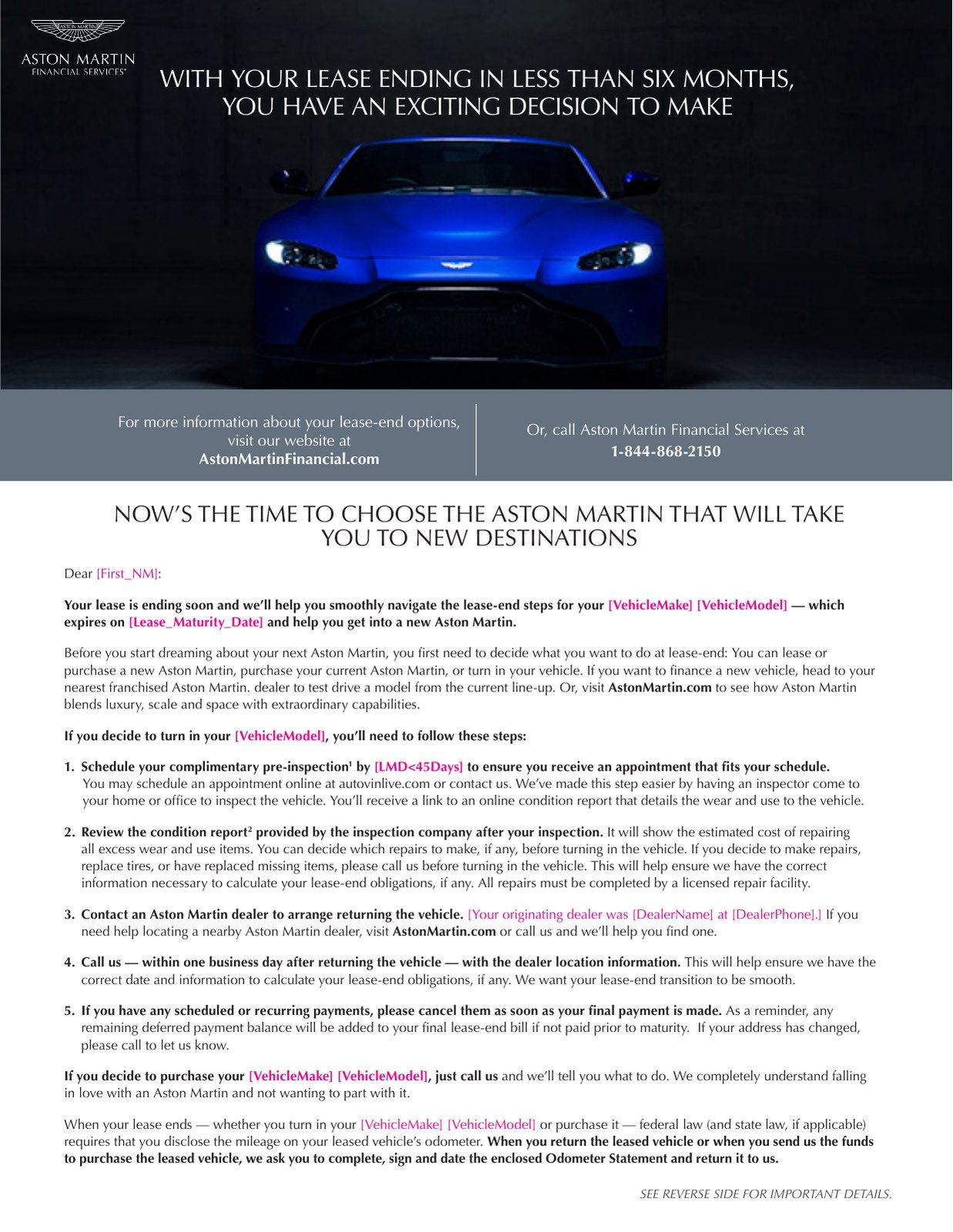 Aston Martin lease-end letter: a blue Aston Martin under the headline With your lease ending in less than six months, you have an exciting decision to make, then numbered steps