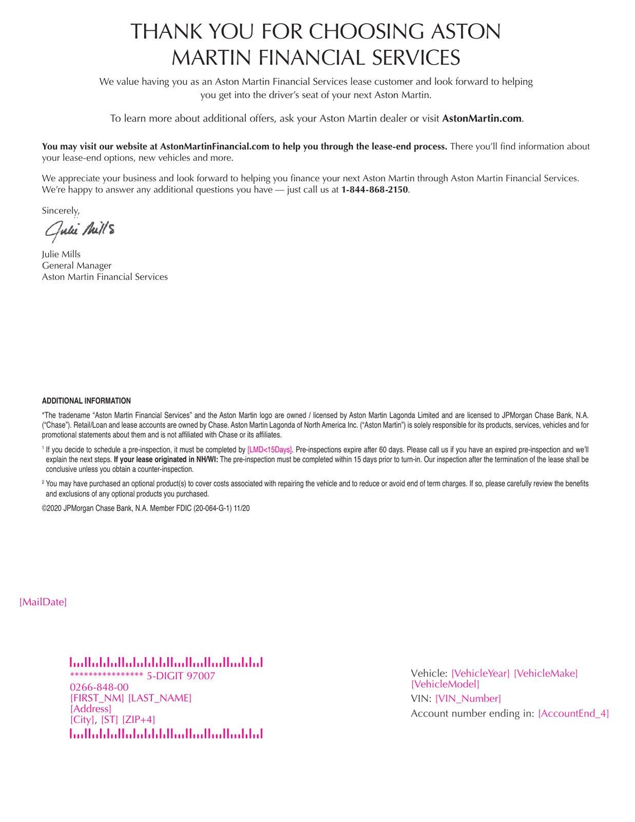 Reverse side: a thank-you letter from Aston Martin Financial Services, legal notes and the mailing panel with merge fields