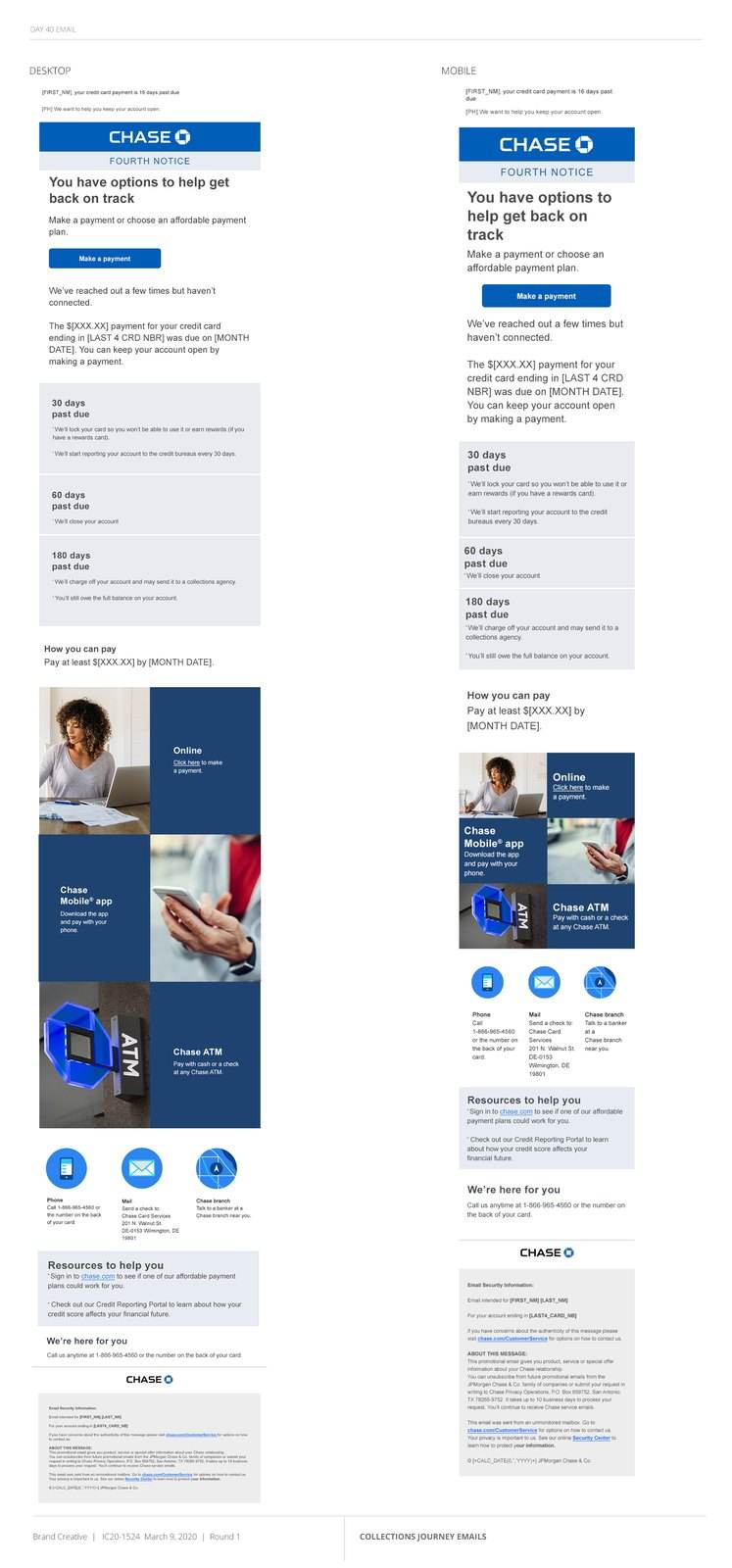 Presentation page: two versions of the day 40 email