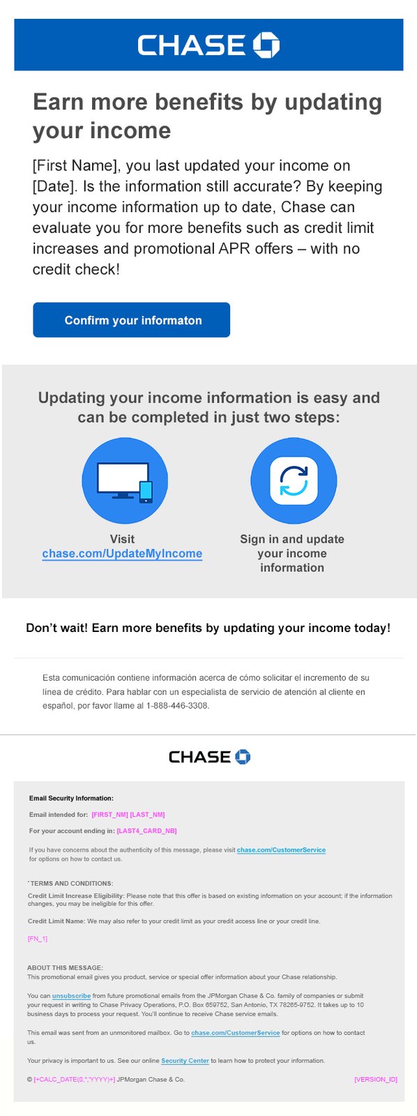 Chase email: Earn more benefits by updating your income