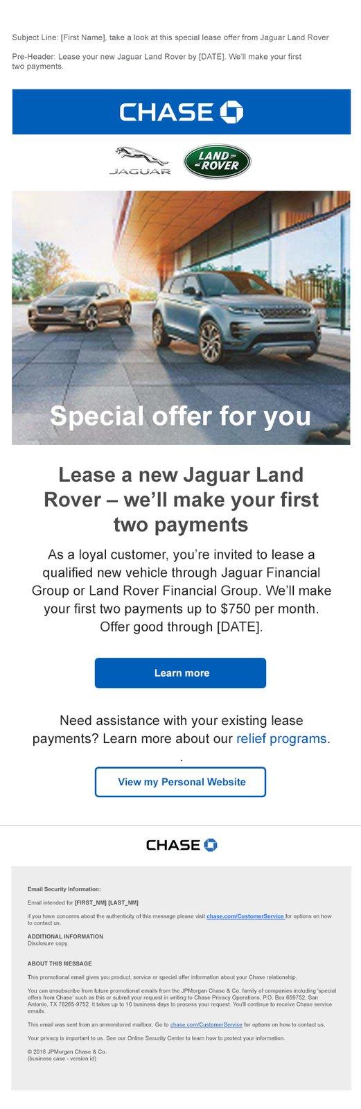 Chase email with the Jaguar Land Rover logo: a silver SUV under Special offer for you, lease a new Jaguar Land Rover