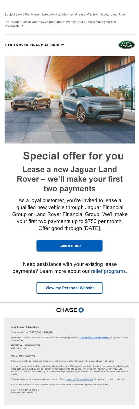 The same offer email with the Land Rover Financial Group header