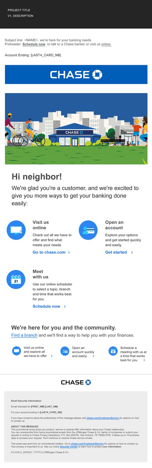 Chase email: an illustrated Chase branch on a street under Hi neighbor!