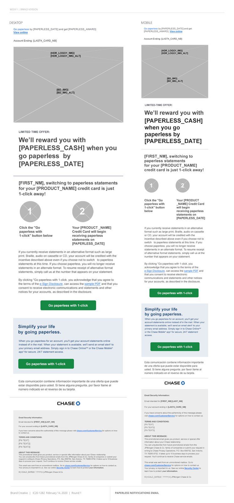 Presentation page: desktop and mobile wireframes of the paperless email