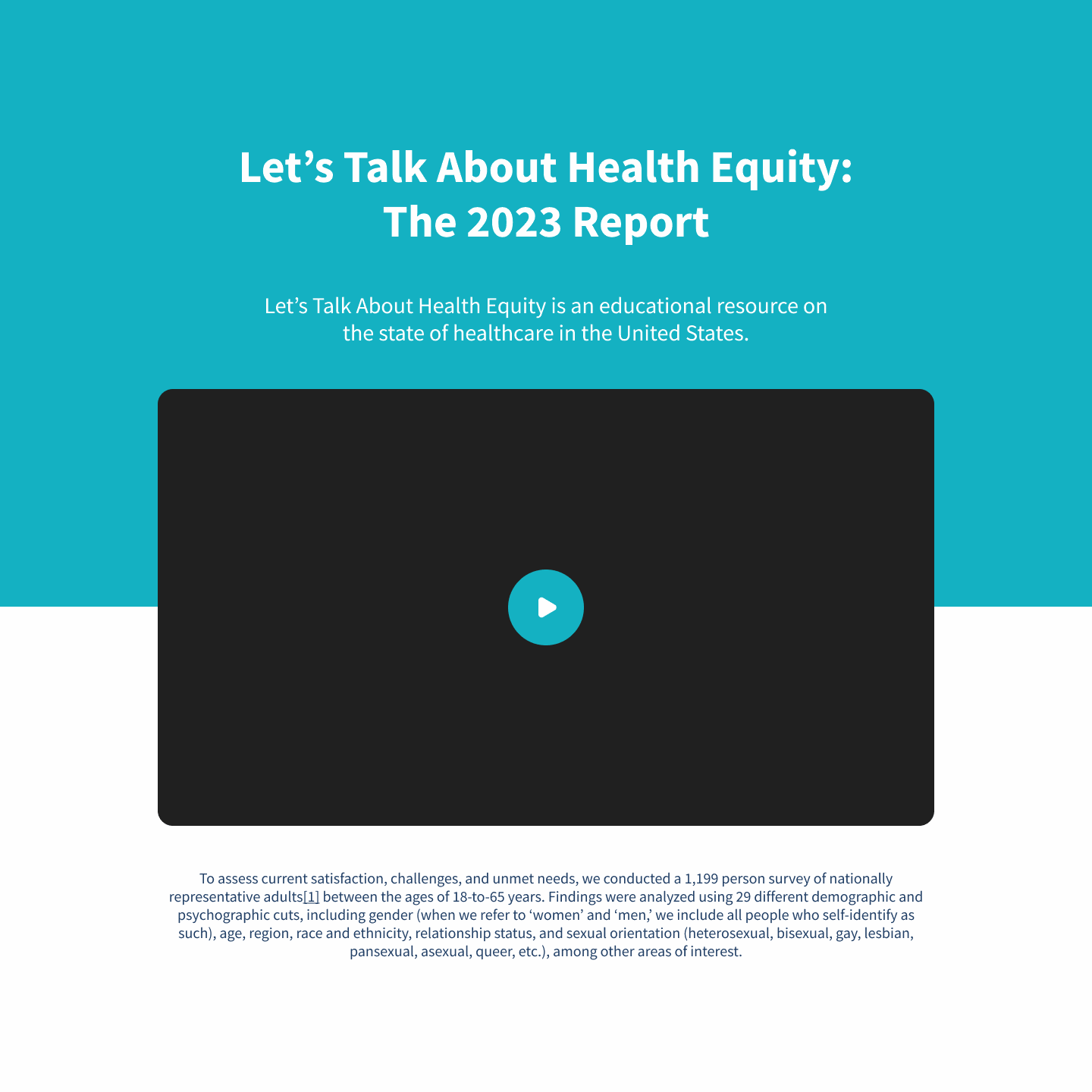 The hero block of the Let's Talk About Health Equity: The 2023 Report page, a video player on a teal band above the report's opening copy