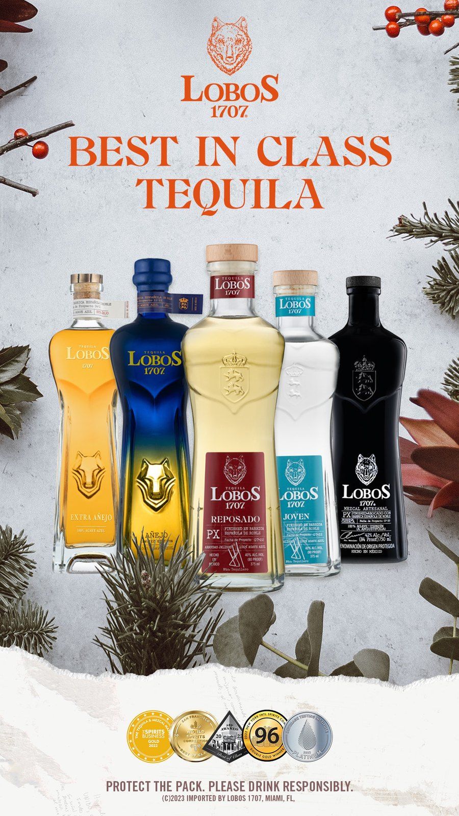 Holiday poster: the Lobos 1707 range under Best in Class Tequila, with winter greenery and award medals