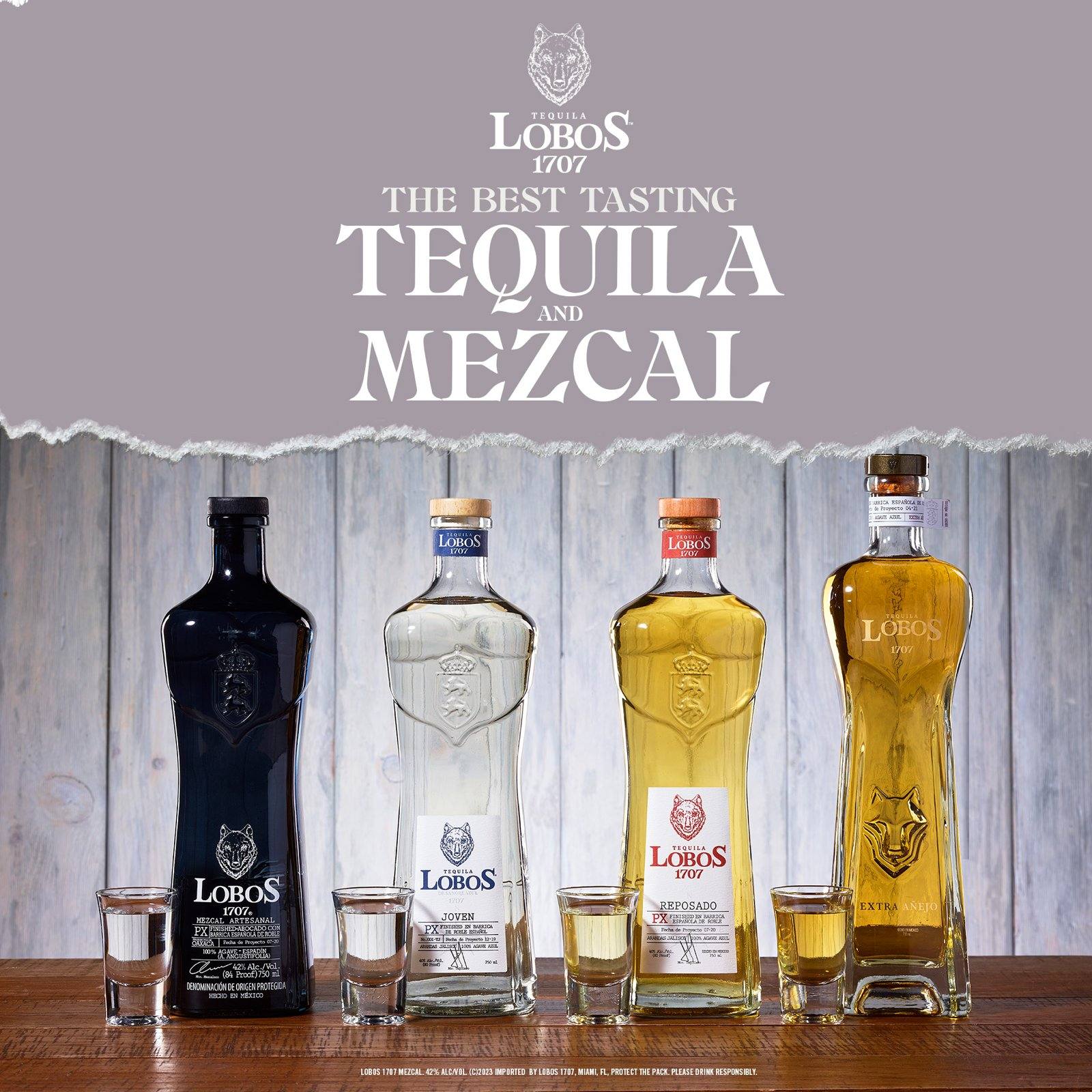 Club screen, square: The Best Tasting Tequila & Mezcal over the Lobos 1707 bottle line on a wooden bar