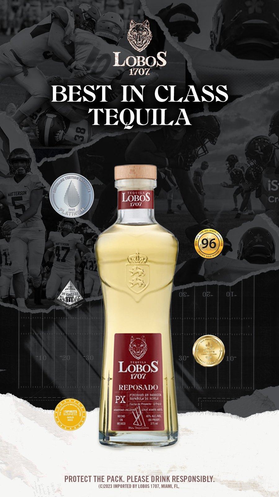 Football poster concept: one Lobos 1707 bottle on a dark ground with award medals