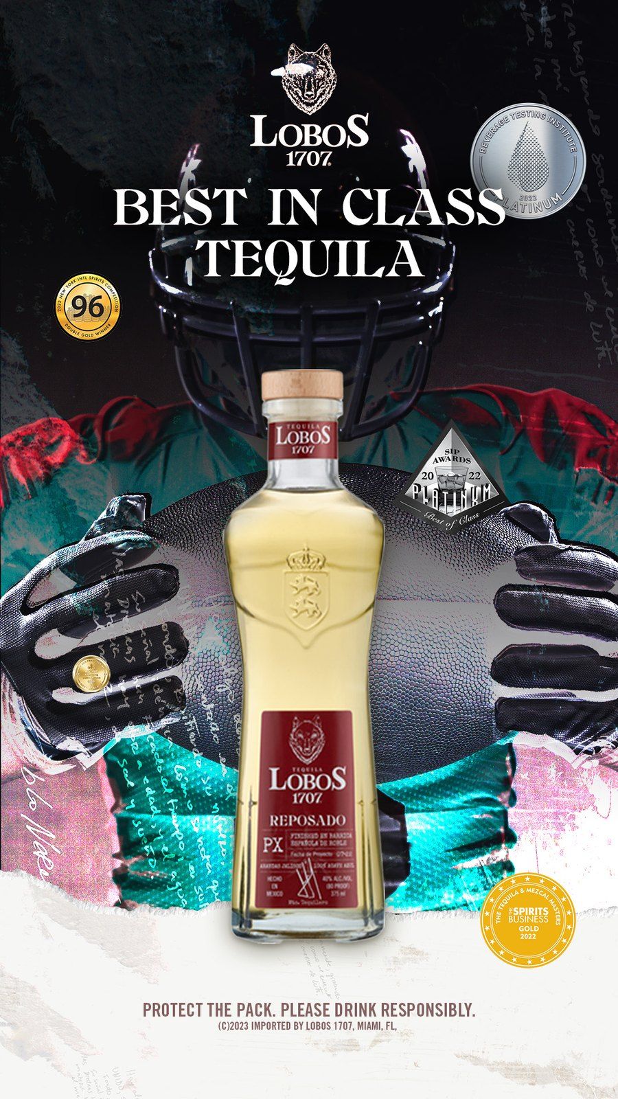 Football poster concept: one Lobos 1707 bottle framed by a helmet and gloves