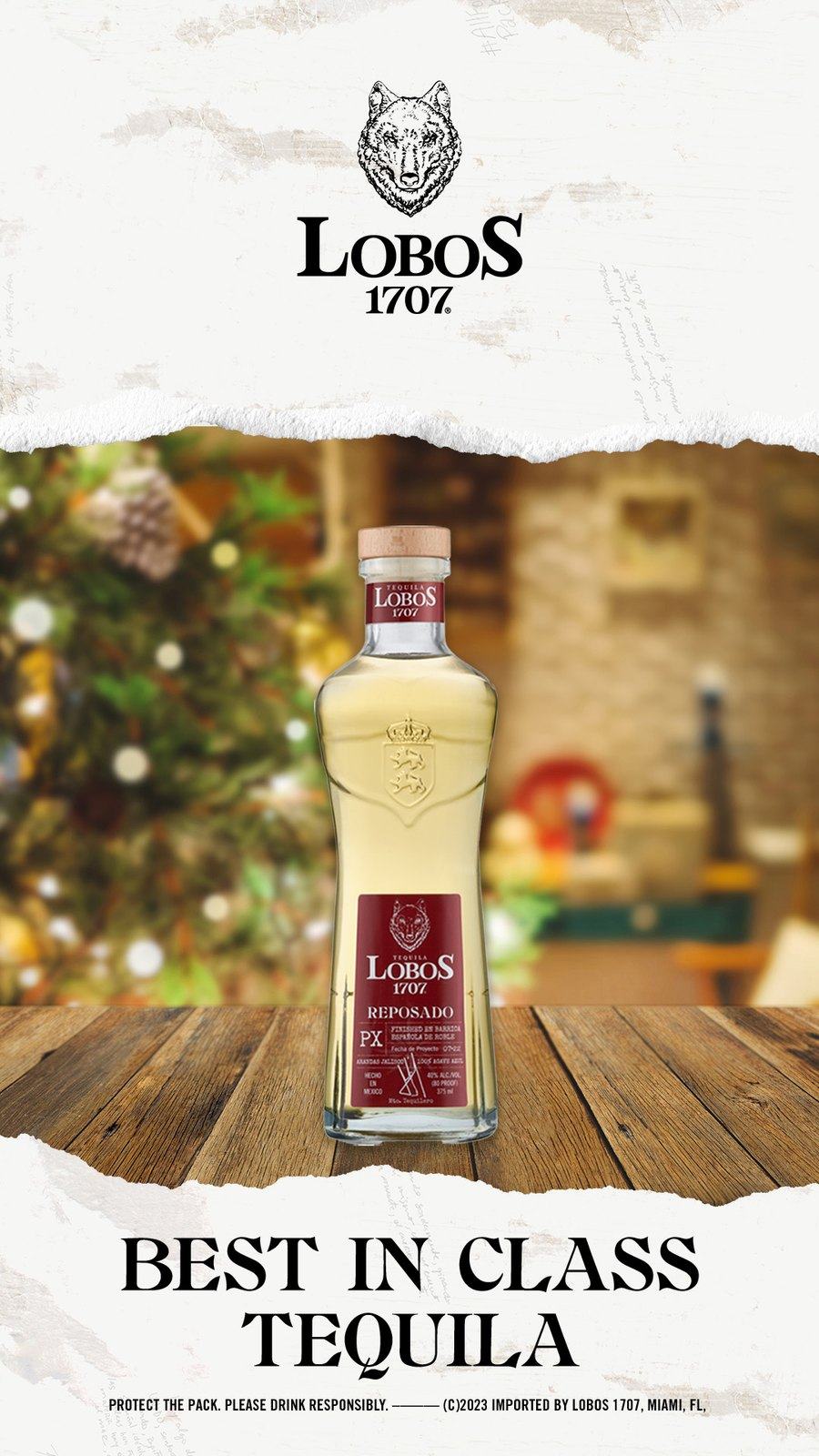 Torn paper poster concept: a Lobos 1707 bottle on a wooden table with holiday lights, under Best in Class Tequila