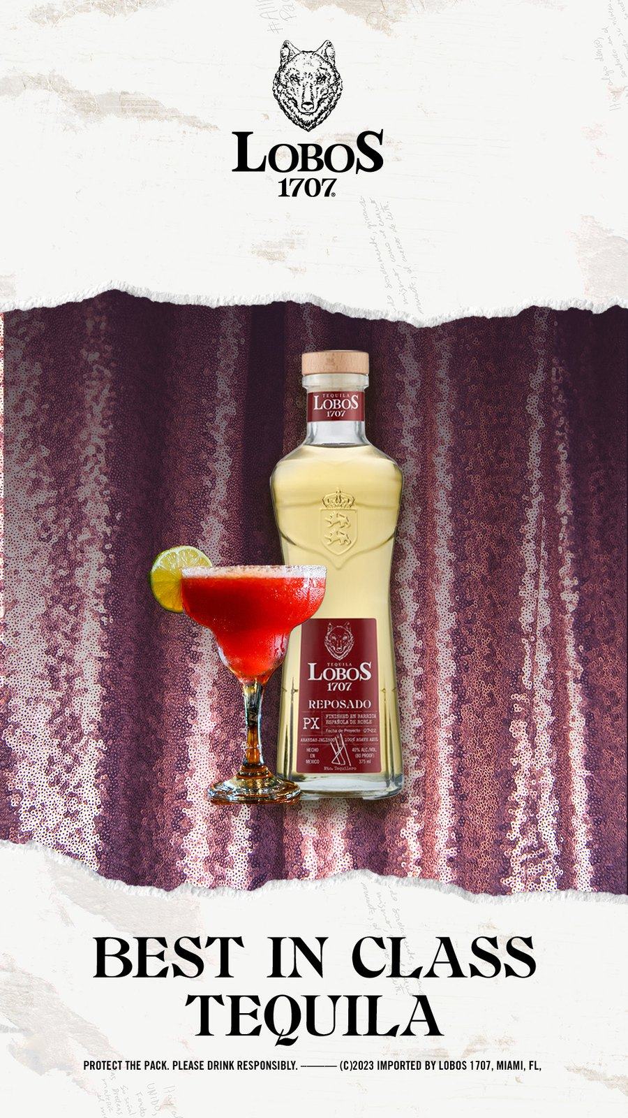 Torn paper poster concept: a Lobos 1707 bottle and a red cocktail against draped fabric, under Best in Class Tequila