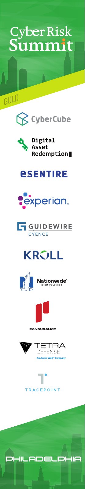 Cyber Risk Summit sponsor column, 2022, 2 of 8: sponsor logos under a tier band, the skyline at the foot