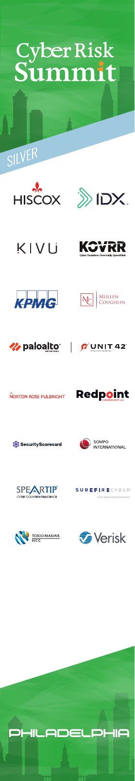 Cyber Risk Summit sponsor column, 2022, 3 of 8: sponsor logos under a tier band, the skyline at the foot