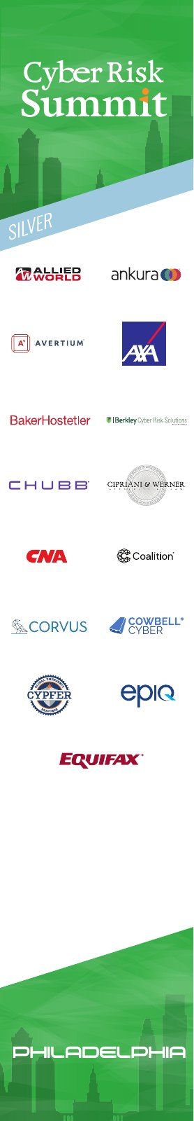 Cyber Risk Summit sponsor column, 2022, 4 of 8: sponsor logos under a tier band, the skyline at the foot
