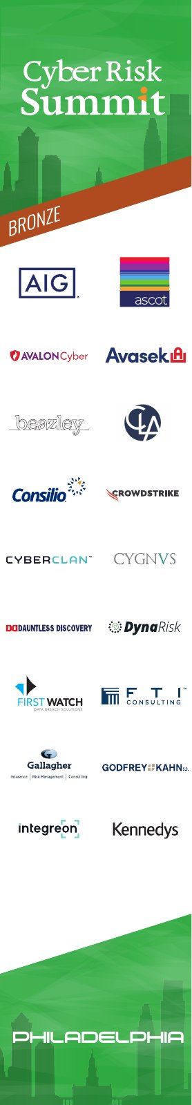 Cyber Risk Summit sponsor column, 2022, 5 of 8: sponsor logos under a tier band, the skyline at the foot