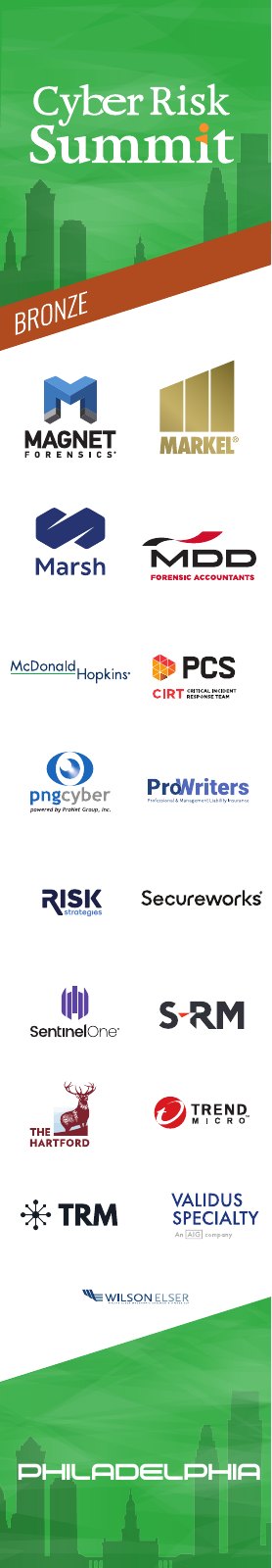 Cyber Risk Summit sponsor column, 2022, 6 of 8: sponsor logos under a tier band, the skyline at the foot