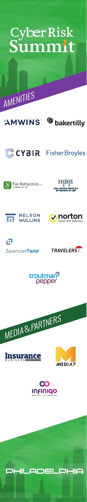 Cyber Risk Summit sponsor column, 2022, 7 of 8: sponsor logos under a tier band, the skyline at the foot