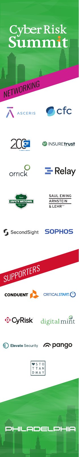 Cyber Risk Summit sponsor column, 2022, 8 of 8: sponsor logos under a tier band, the skyline at the foot