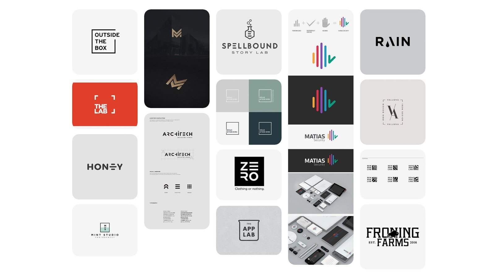 Reference board of lab and studio marks: a flask, beakers, The Lab, The App Lab, sound bars and stationery mock-ups