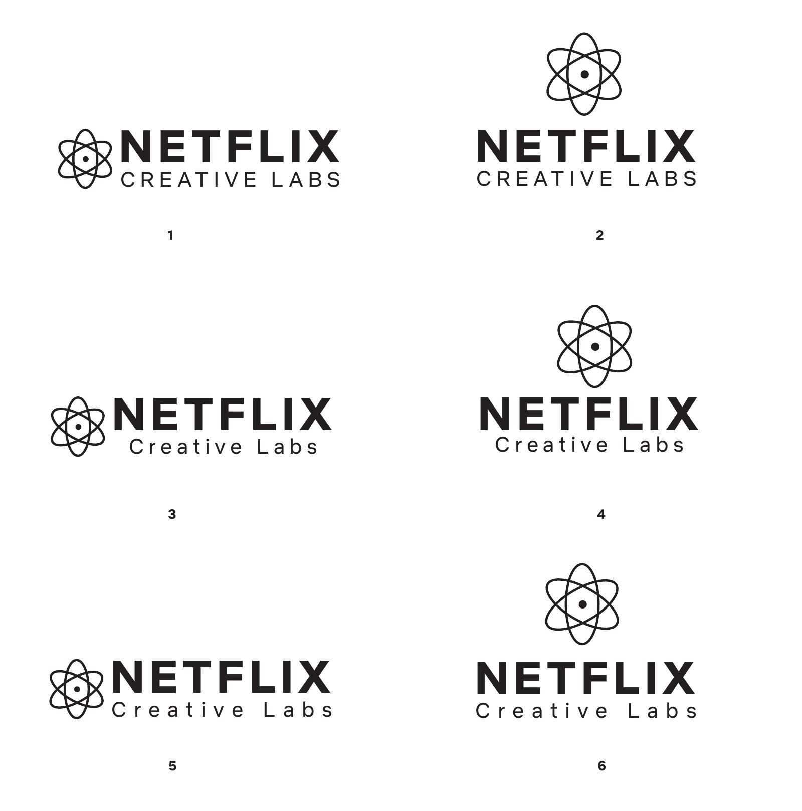 Lockups 1 to 6: an atom mark with Netflix Creative Labs in black