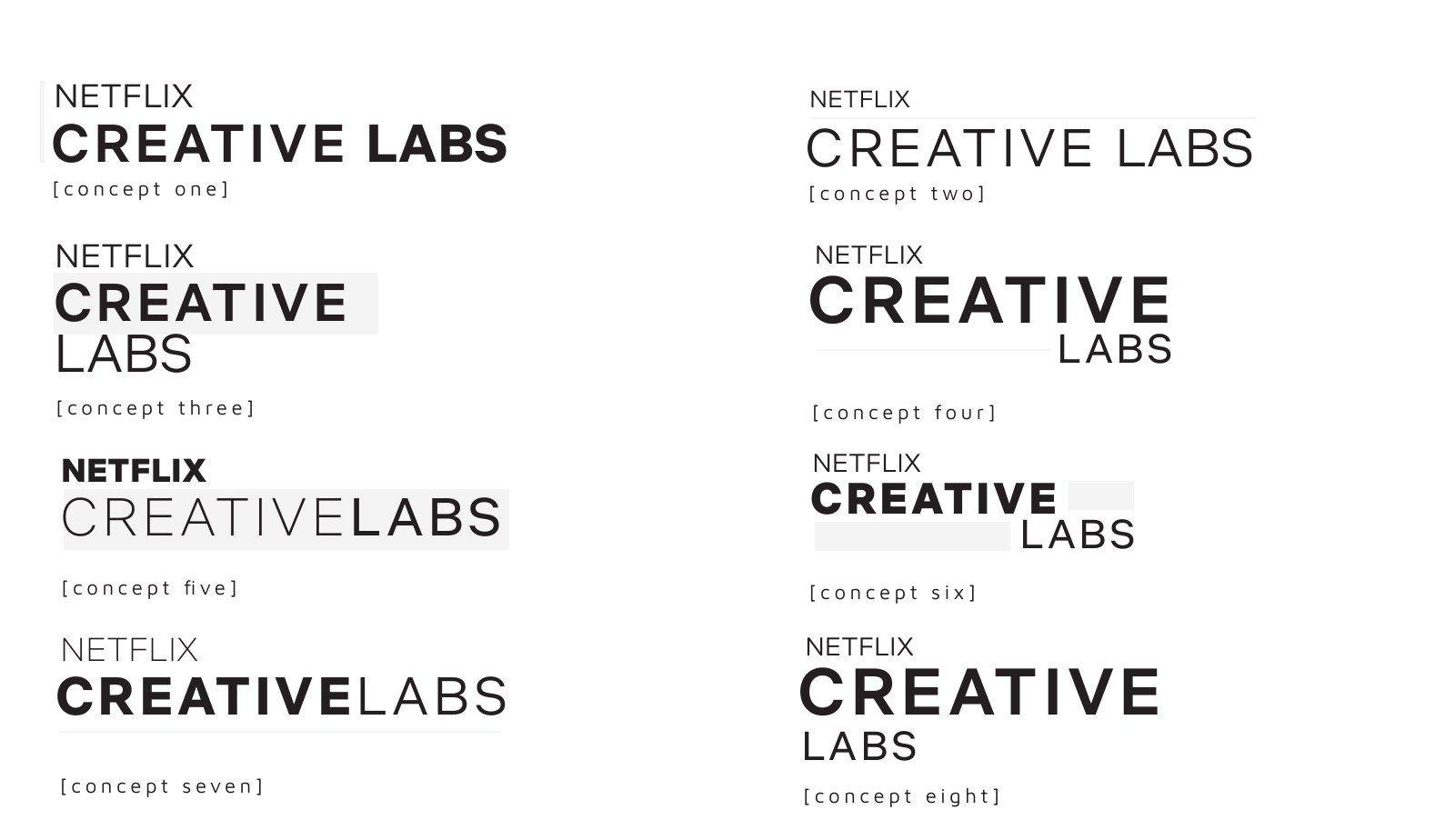 Netflix Creative Labs typographic lockups, concepts one to eight