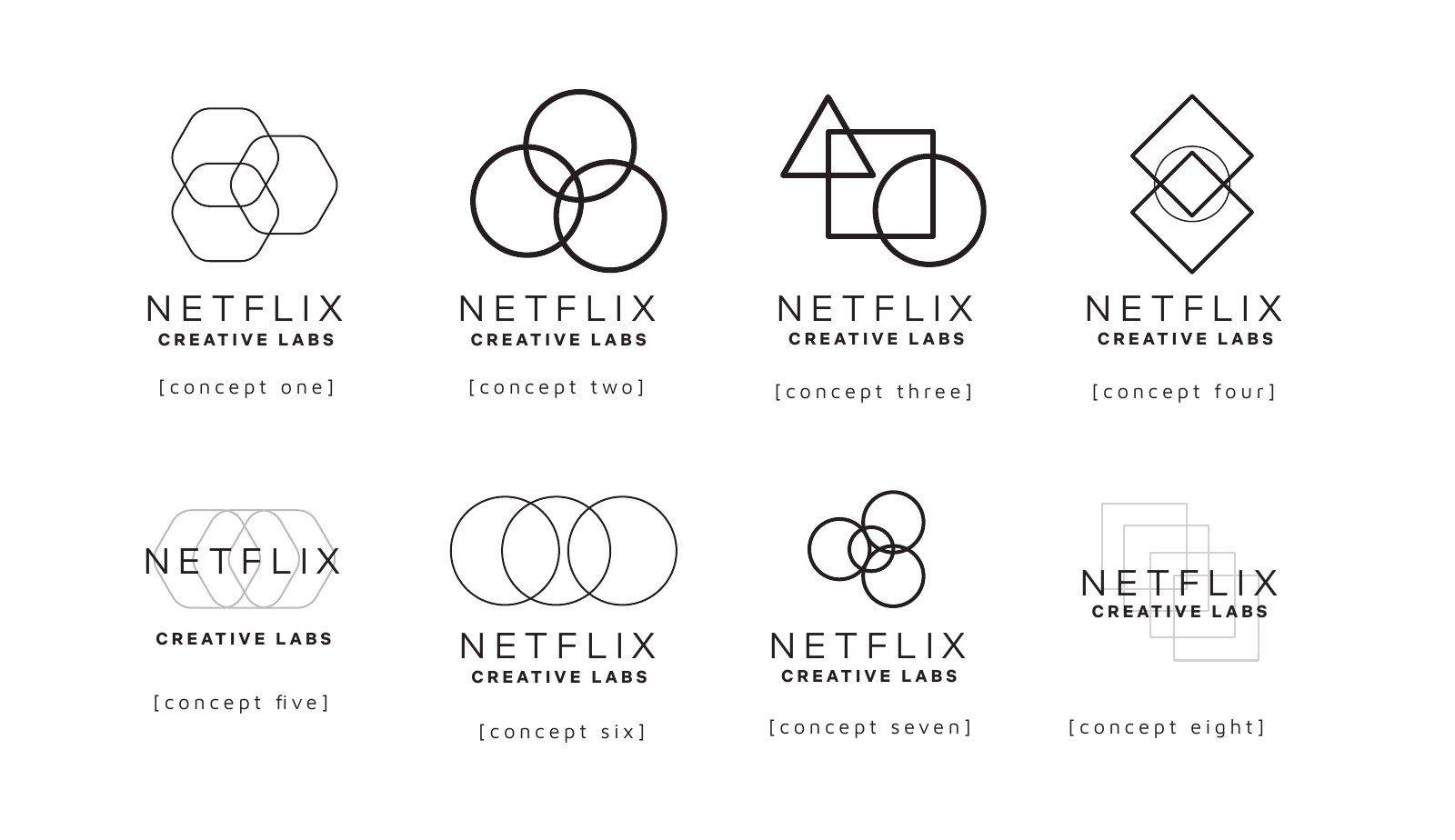 Netflix Creative Labs line marks of hexagons, circles and squares, concepts one to eight