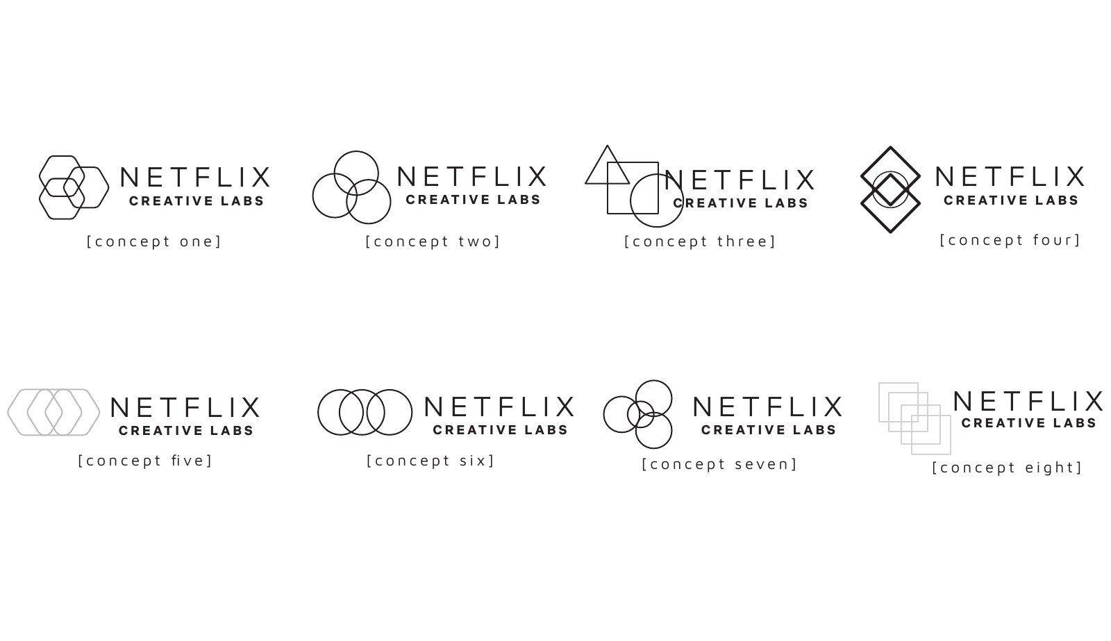Netflix Creative Labs horizontal lockups, concepts one to eight