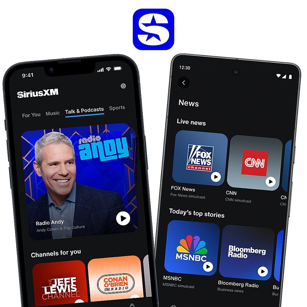 The SiriusXM app icon above two phones, the Talk and Podcasts tab with Radio Andy and the News screen with live news channels