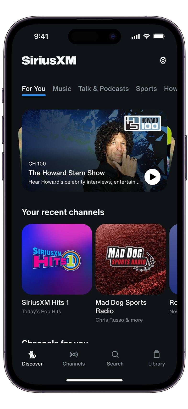 SiriusXM app For You screen: a featured show card above Your recent channels