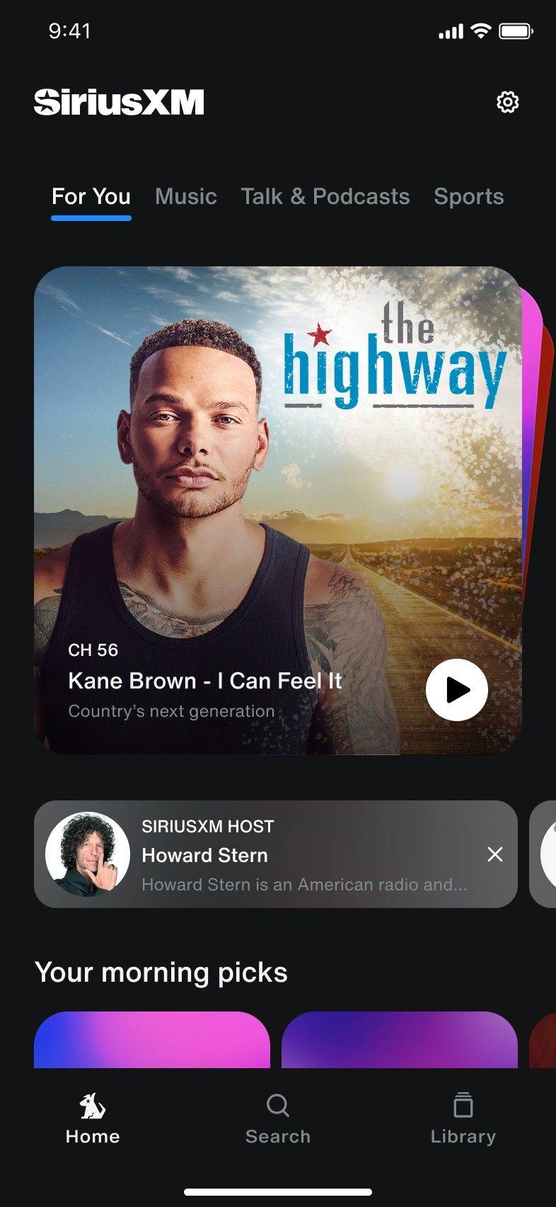 SiriusXM app For You screen: channel, show and host cards and Your morning picks