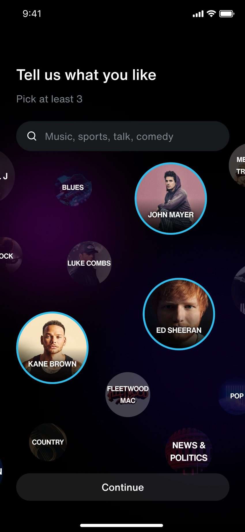 SiriusXM onboarding screen, Tell us what you like: genre and artist bubbles with a Continue button