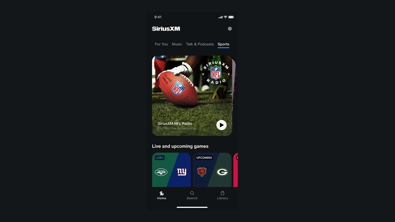 SiriusXM app Sports screen on a dark ground: SiriusXM NFL Radio above live and upcoming games