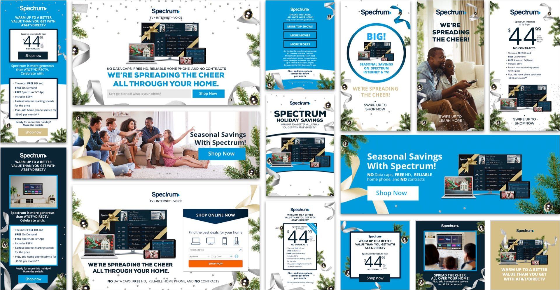 Spectrum holiday campaign board with the Seasonal Savings with Spectrum family banner among the web, story and email units
