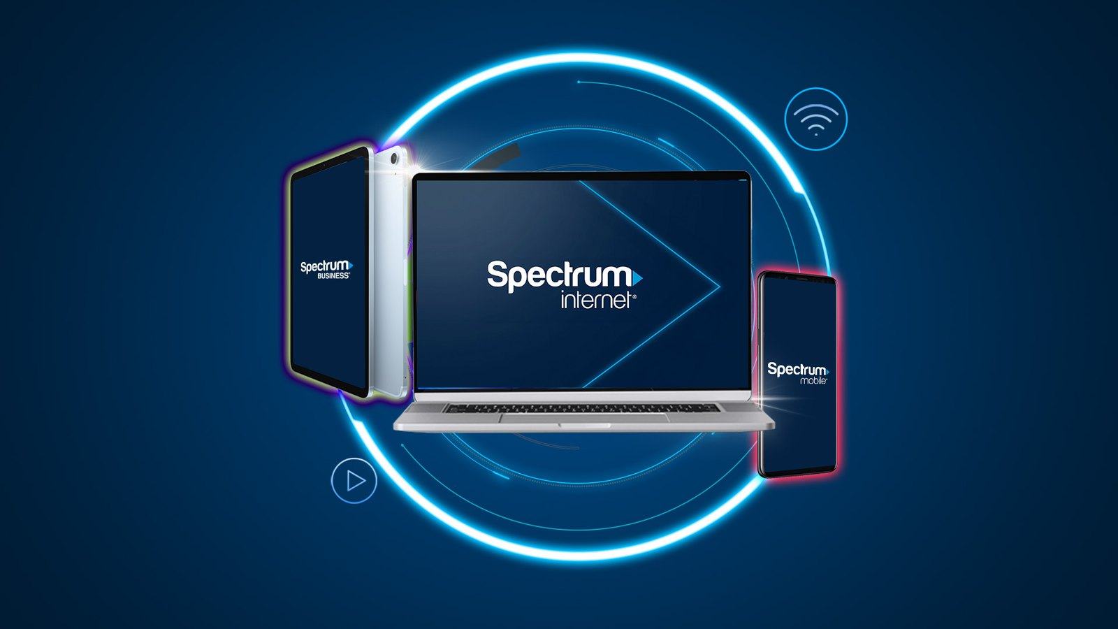 A laptop, a tablet and a phone showing Spectrum Internet, inside a ring of blue light