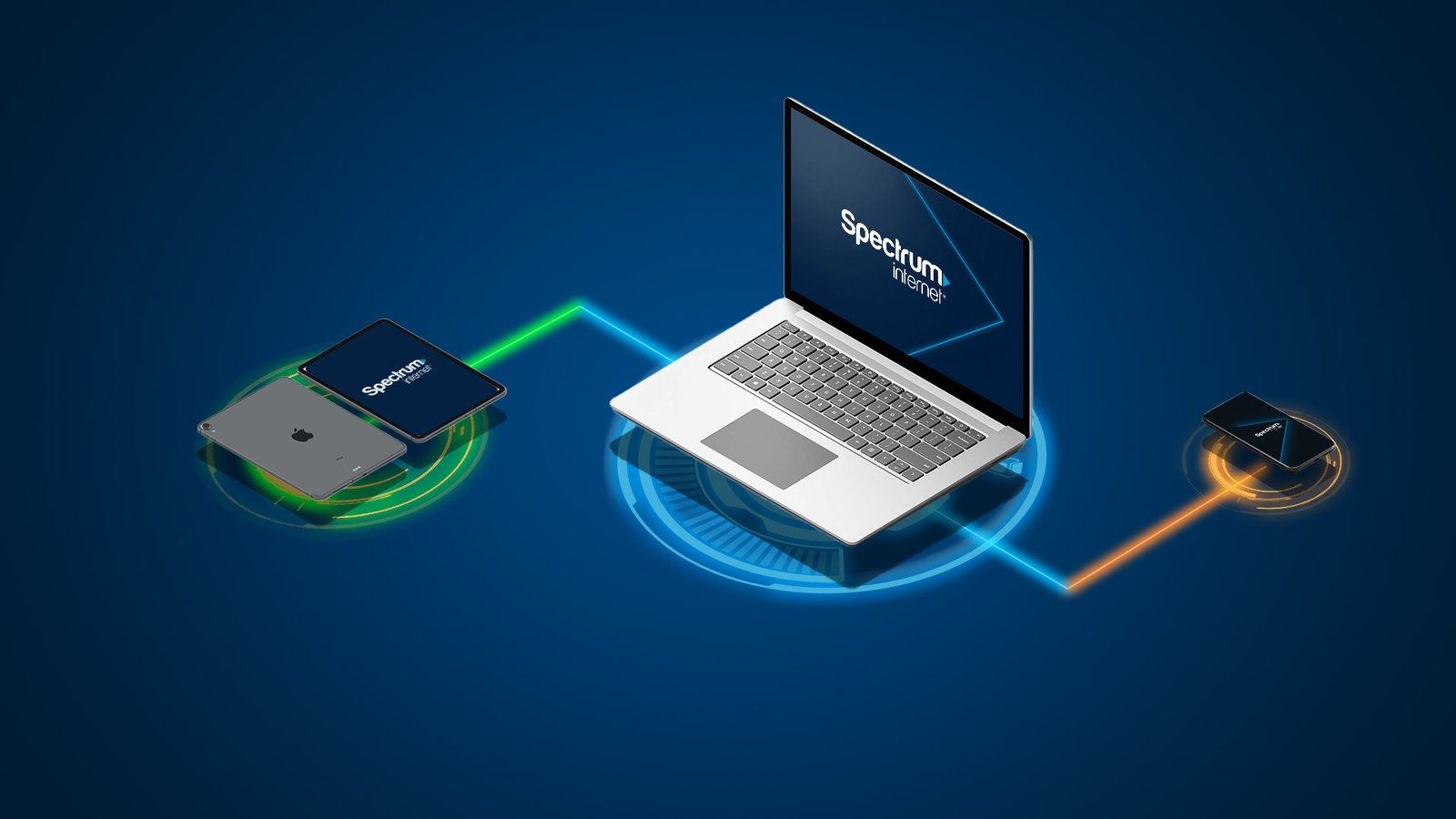 A laptop showing Spectrum Internet, joined by lines of light to two devices on glowing pads